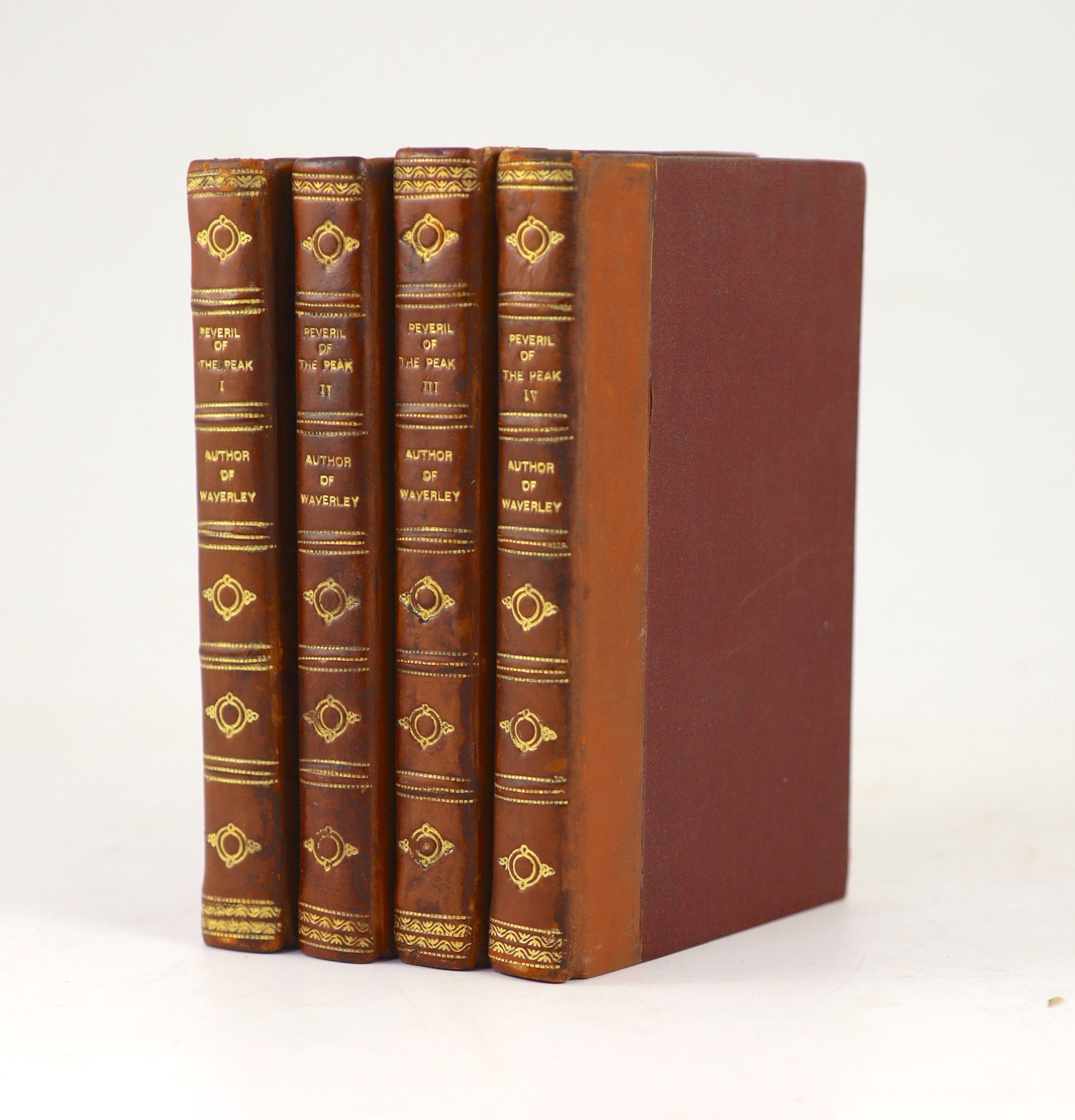 Scott, Sir Walter - Peveril of the Peak. 1st edition. 4 vols. Quarter calf and cloth with gilt tooling and letters direct on spine. 12mo. Archibald Constable & Co, Edinburgh, 1822.